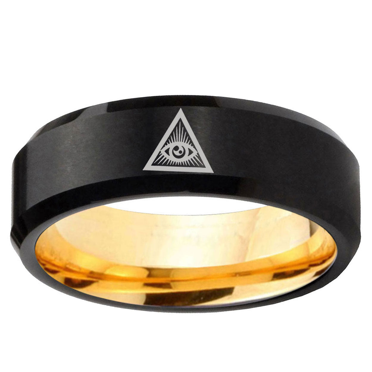 Seeing Eye of God Beveled Edge Black And Gold Tungsten Ring