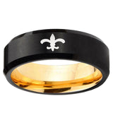 Fleur-De-Lis Beveled Edge Black And Gold Tungsten Carbide Men's Ring Engraved