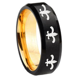 8mm Multiple Fleur-De-Lis Beveled Edge Black And Gold Tungsten Men's Ring Personalized