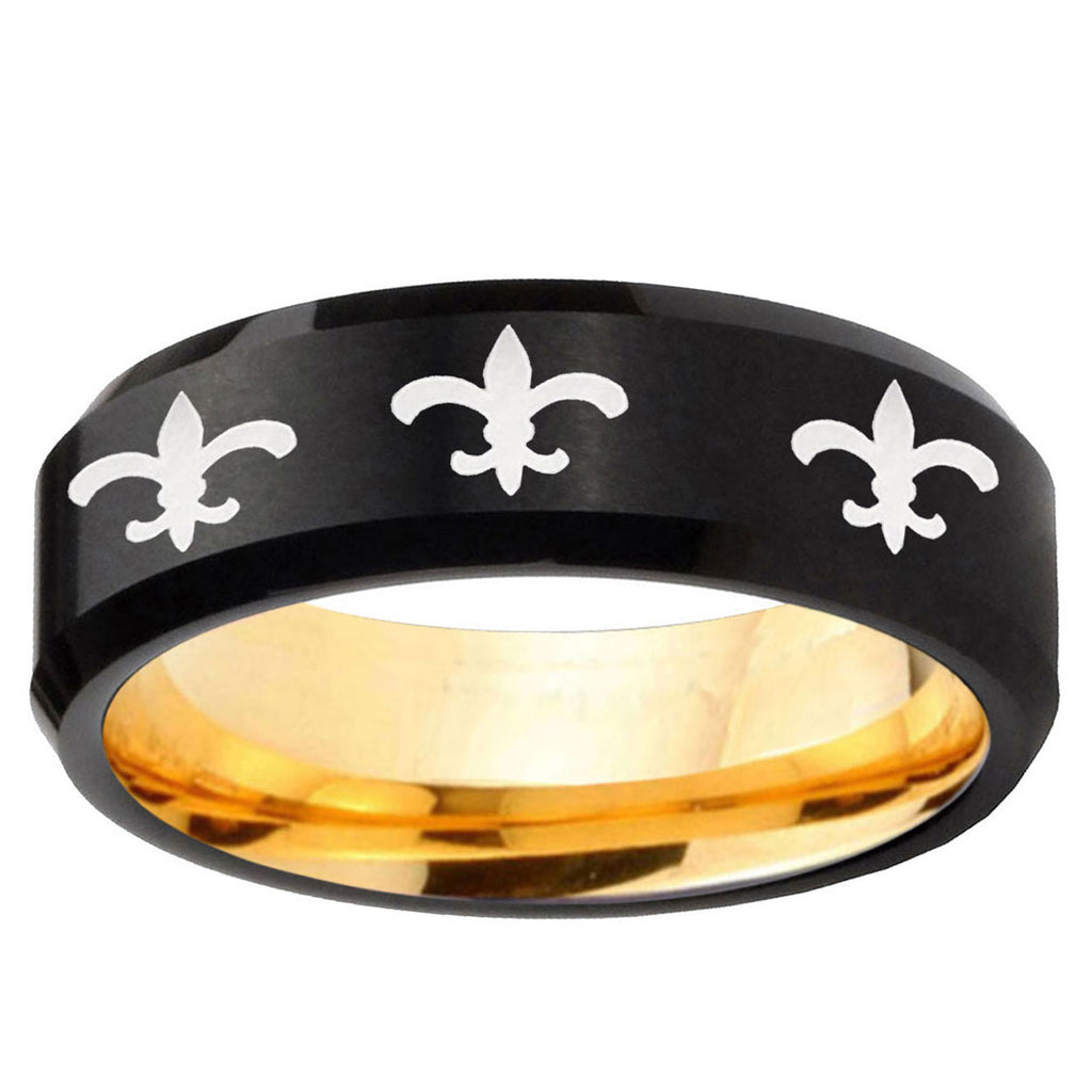 Multiple Fleur-De-Lis Bevel Black Gold Tungsten Ring
