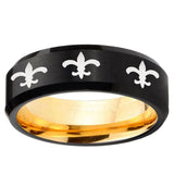 Multiple Fleur-De-Lis Beveled Edge Black And Gold Tungsten Men's Ring Personalized