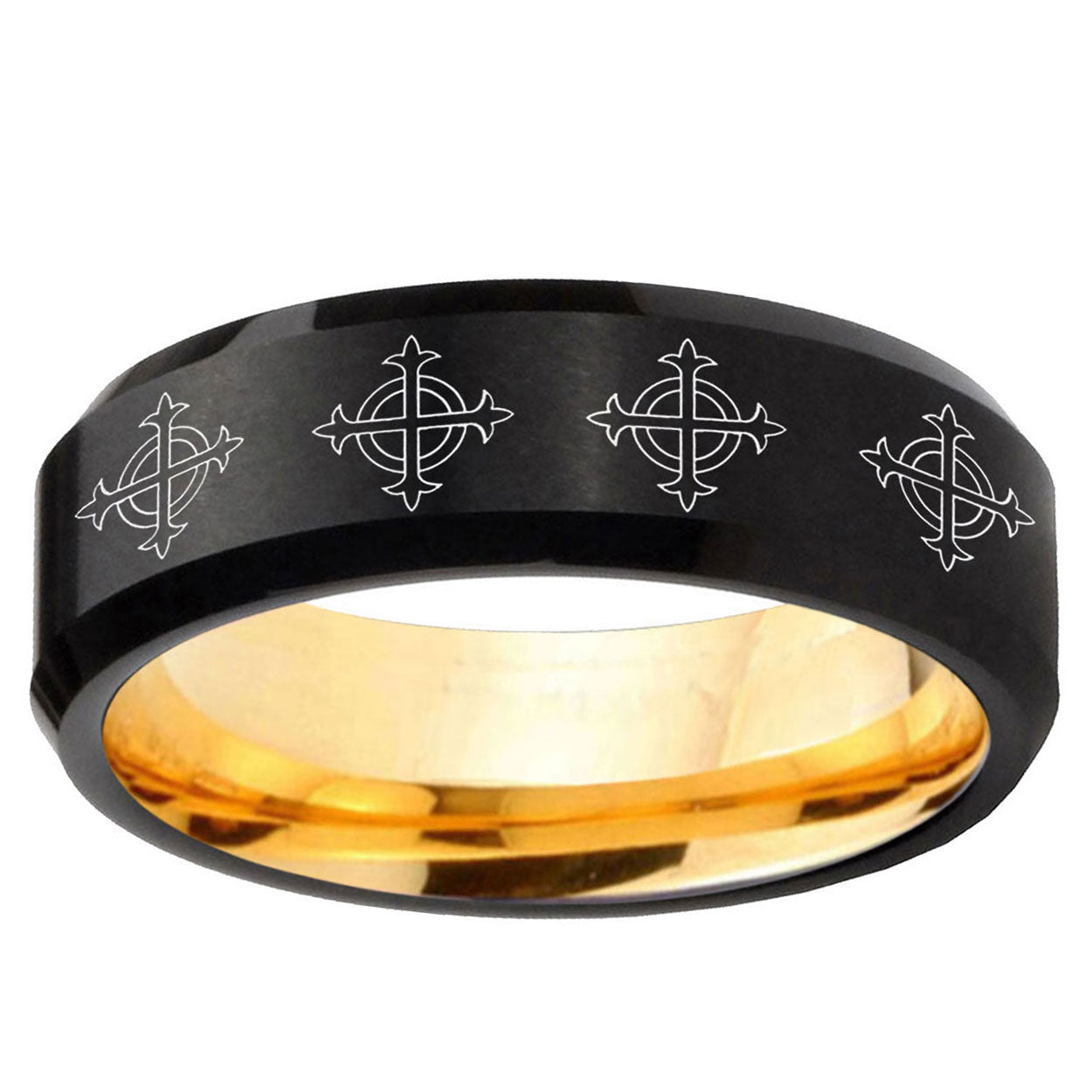 Multiple Crosses Beveled Edge Black And Gold Tungsten Bands