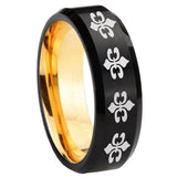 8mm Multiple Fleur-De-Lis Beveled Edge Black And Gold Tungsten Men's Band Ring