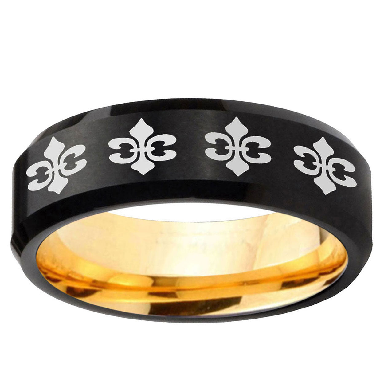 Multiple Fleur-De-Lis Bevel Black Gold Tungsten Mens Ring