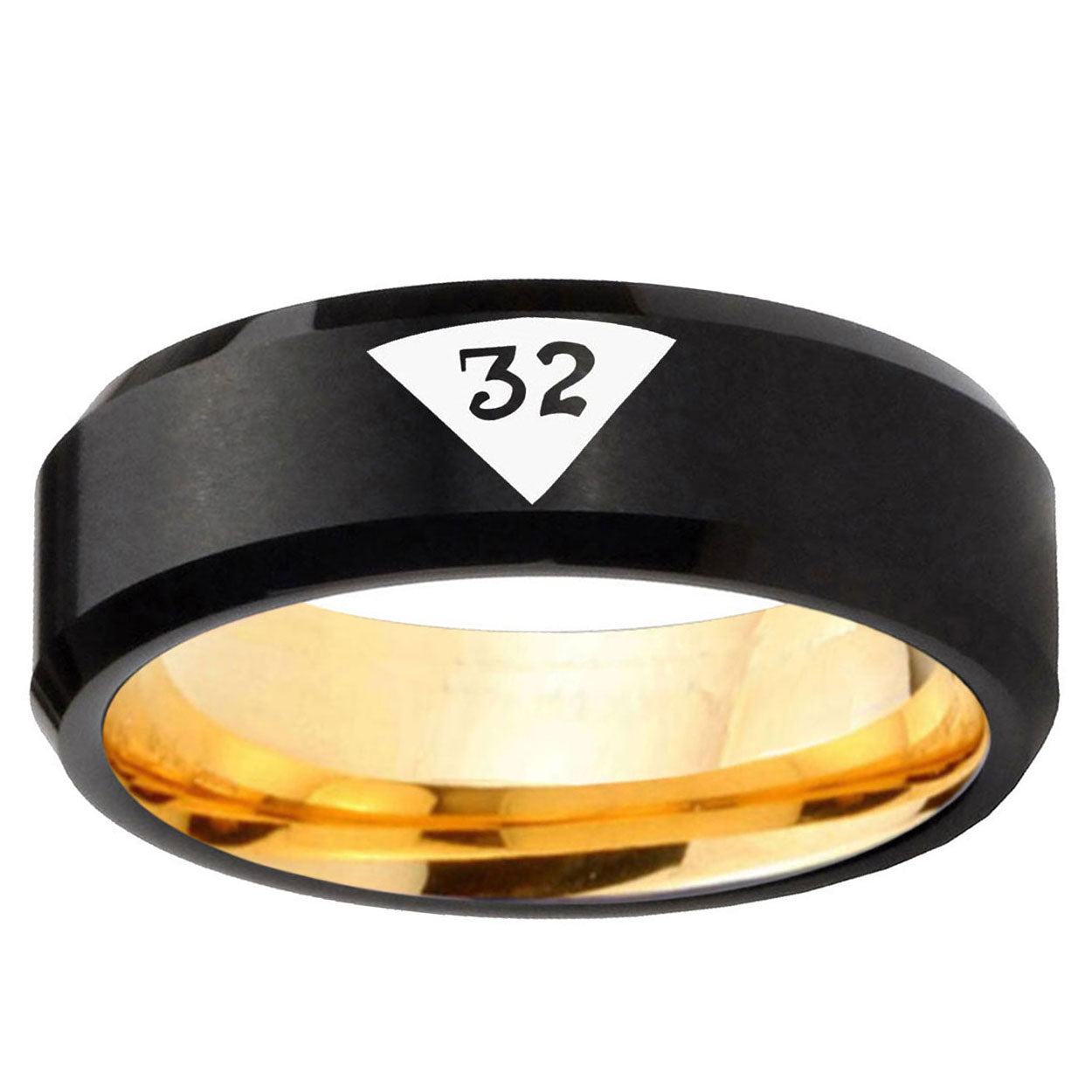 Masonic 32 Triangle Design Freemason Bevel Black Gold Tungsten Ring