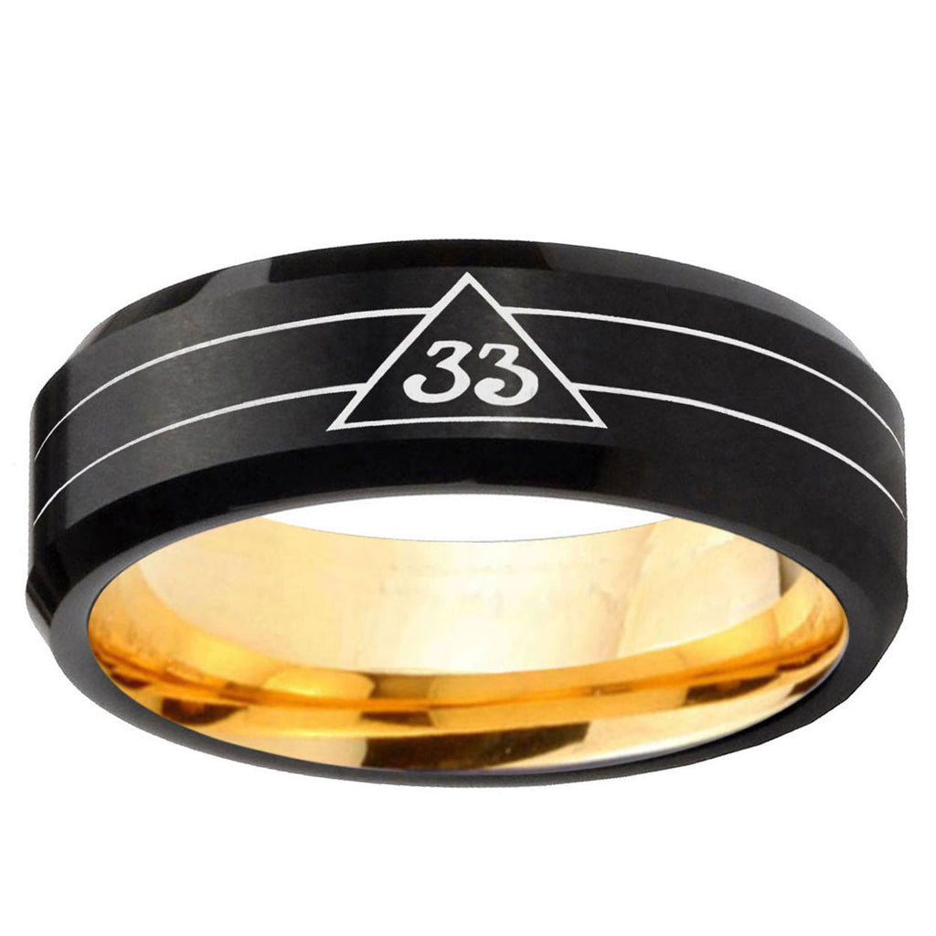 Masonic 32 Duo Line Freemason Bevel Black Gold Tungsten Ring