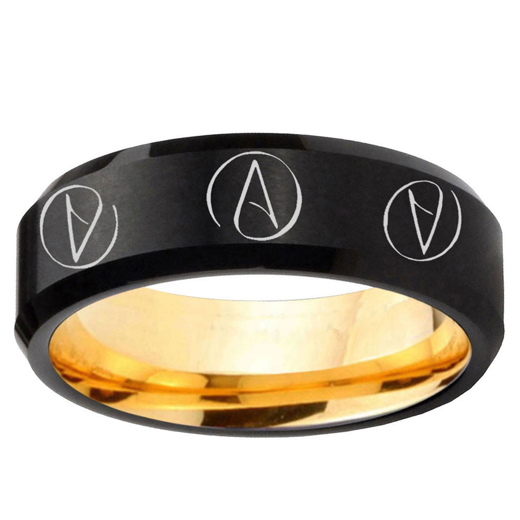 Atheist Design Beveled Edge Black Gold Tungsten Ring