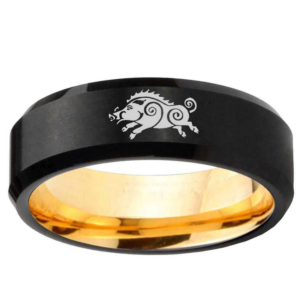 Wild Boar Beveled Edge Black Gold Tungsten Engagement Ring