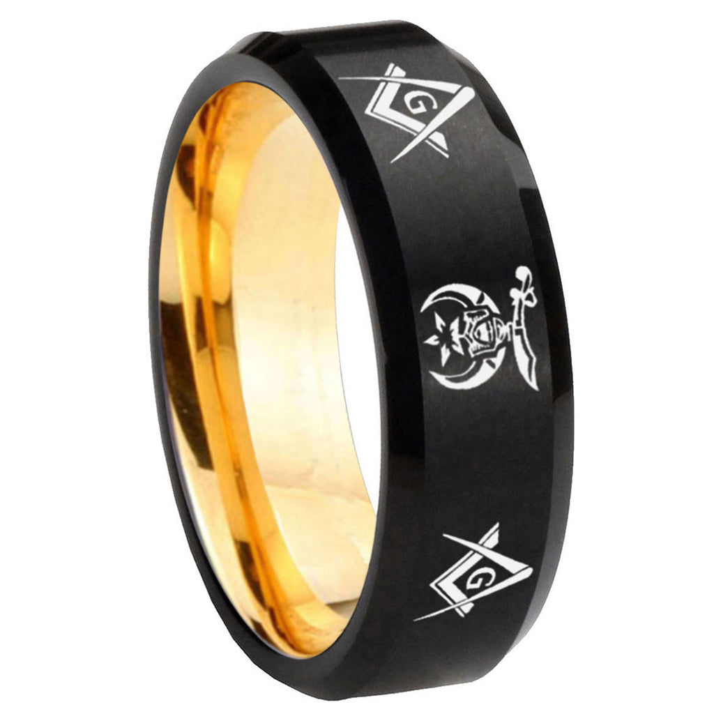 8mm Masonic Shriners Beveled Edge Black And Gold Tungsten Bands