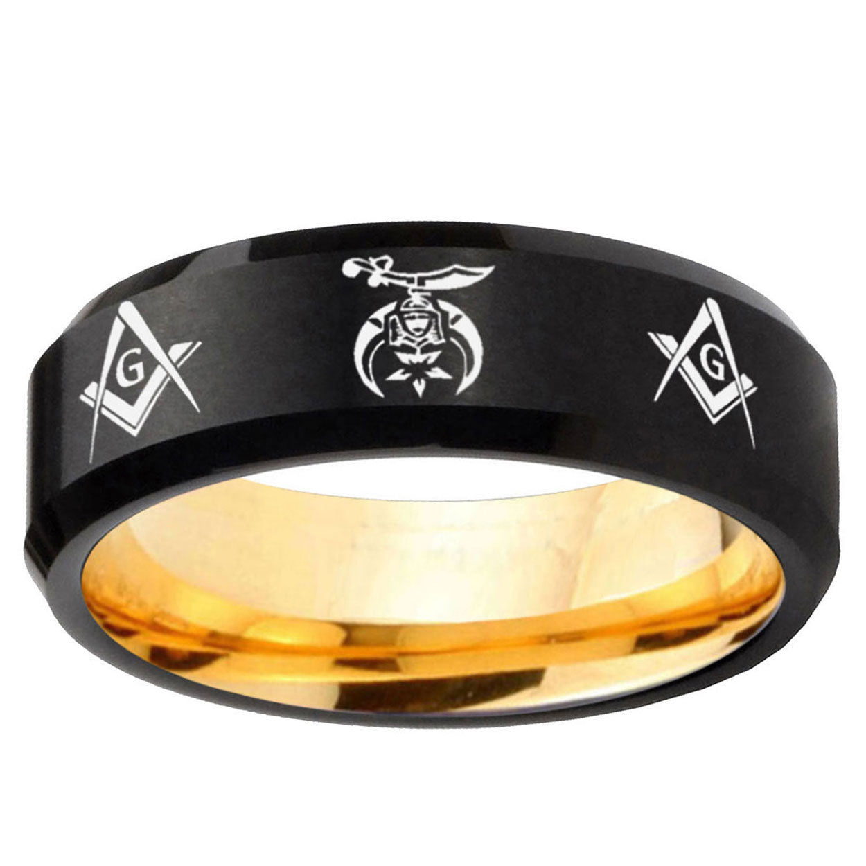 Masonic Shriners Beveled Edge Black And Gold Tungsten Bands