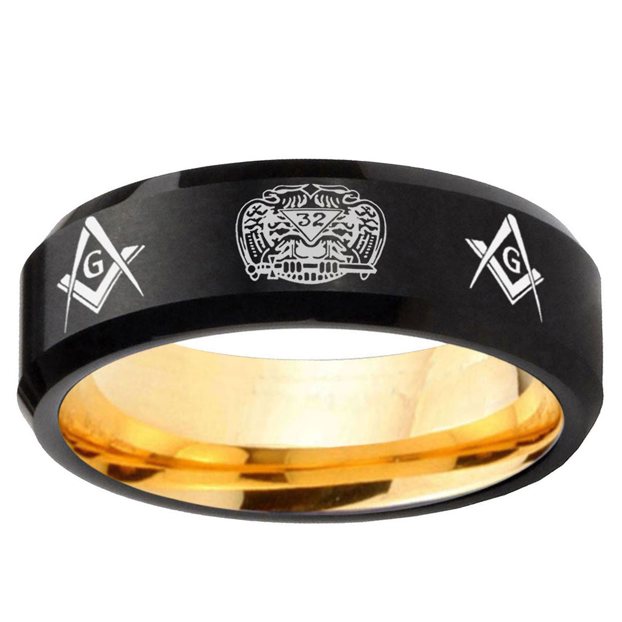 Masonic 32 Design Beveled Edge Black Gold Tungsten Ring