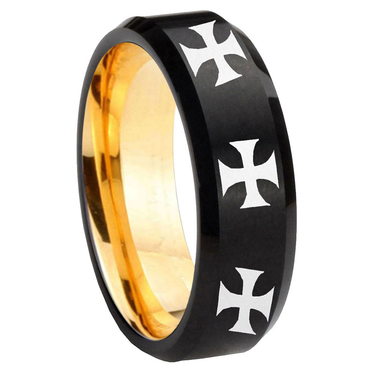 8mm Multiple Maltese Cross Beveled Black Gold Tungsten Ring