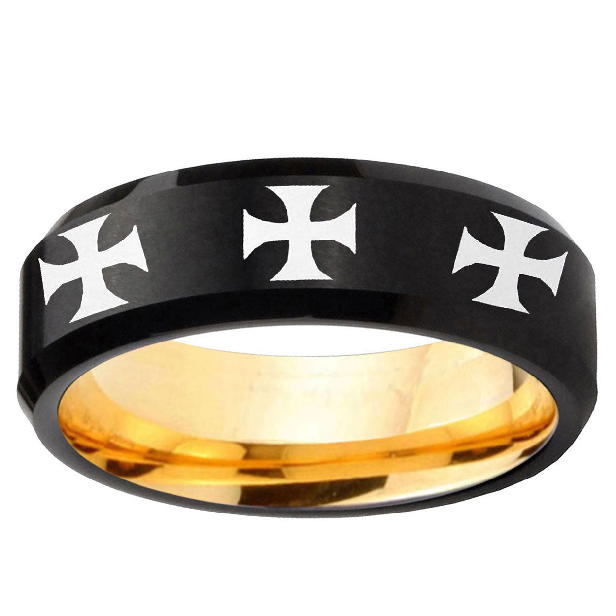 Multiple Maltese Cross Beveled Black Gold Tungsten Ring