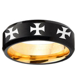 Multiple Maltese Cross Beveled Edge Black And Gold Tungsten Men's Wedding Ring