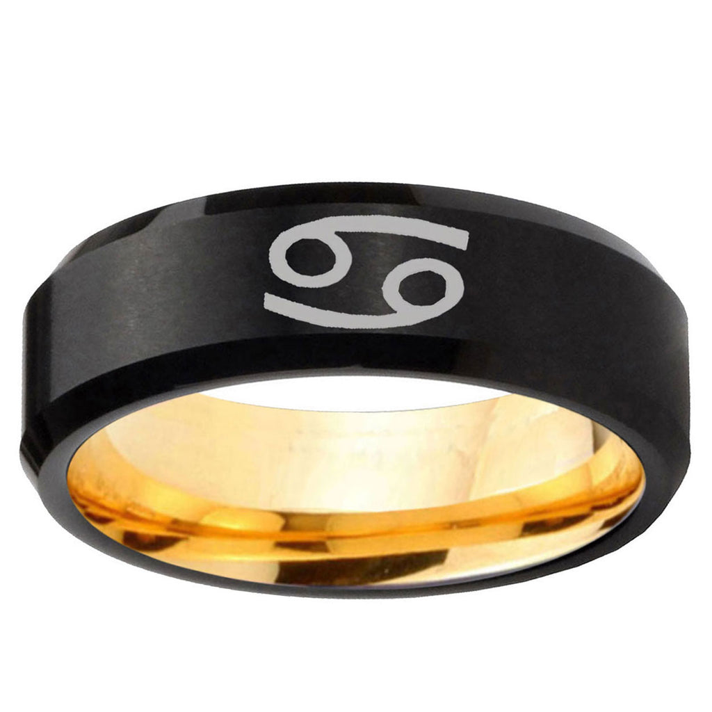 Cancer Horoscope Beveled Edge Black And Gold Tungsten Ring