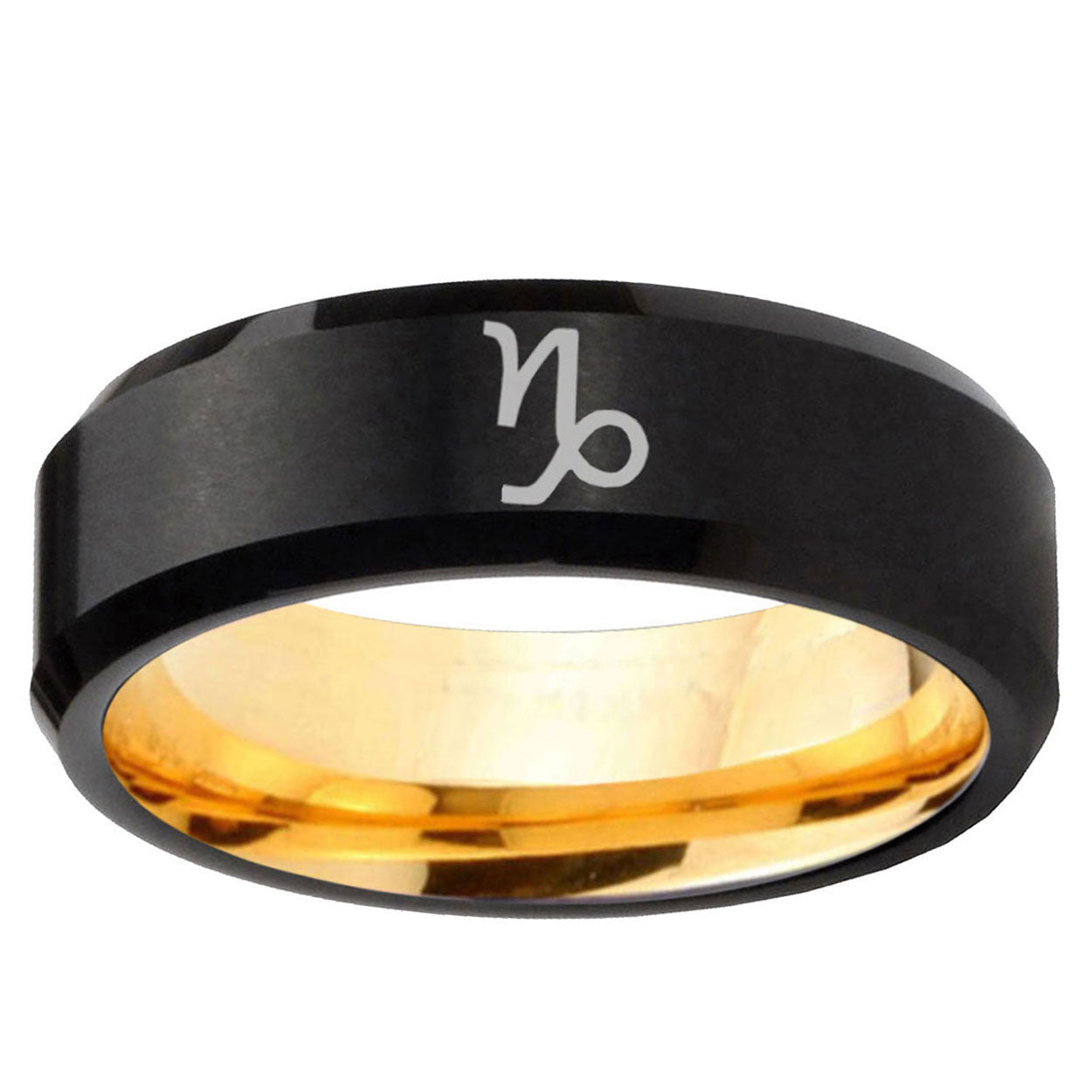 Capricorn Zodiac Beveled Edge Black Gold Tungsten Ring