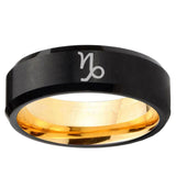 Capricorn Zodiac Beveled Edge Black And Gold Tungsten Wedding Engagement Ring