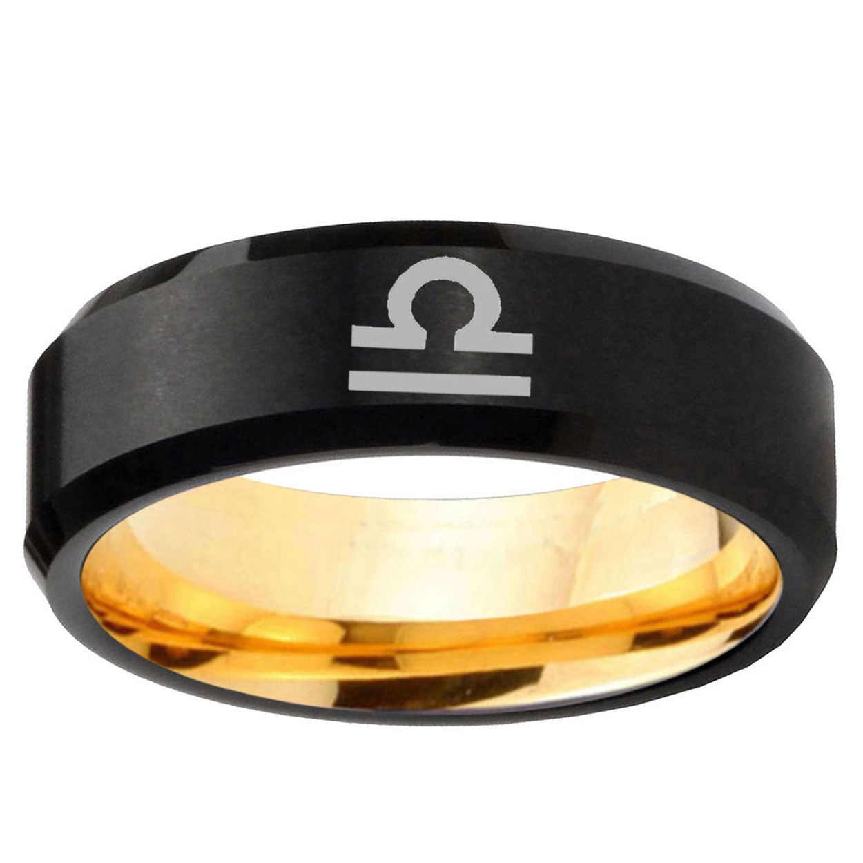 Libra Horoscope Beveled Edge Black And Gold Tungsten Bands