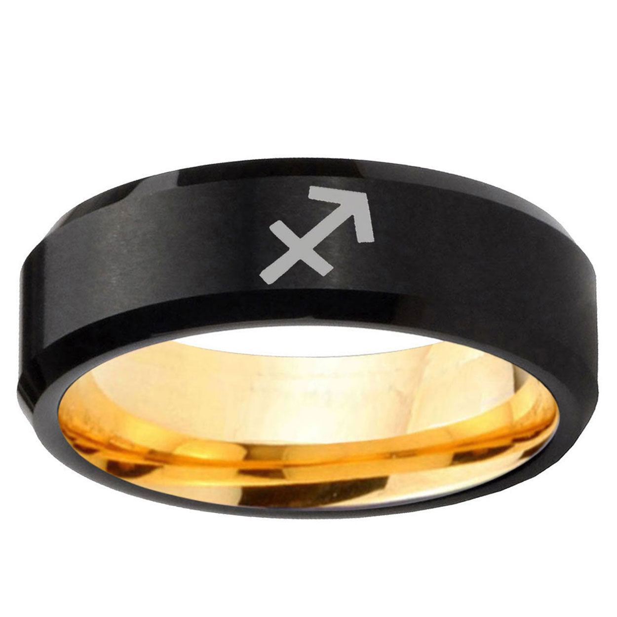 Sagittarius Zodiac Beveled Black Gold Tungsten Ring for Men