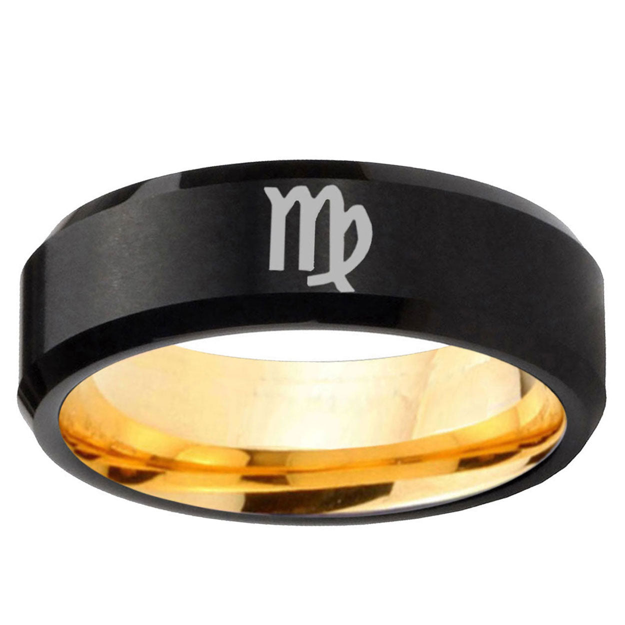 Virgo Zodiac Beveled Edge Black Gold Tungsten Ring