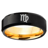 Virgo Zodiac Beveled Edge Black And Gold Tungsten Carbide Men's Anniversary Ring