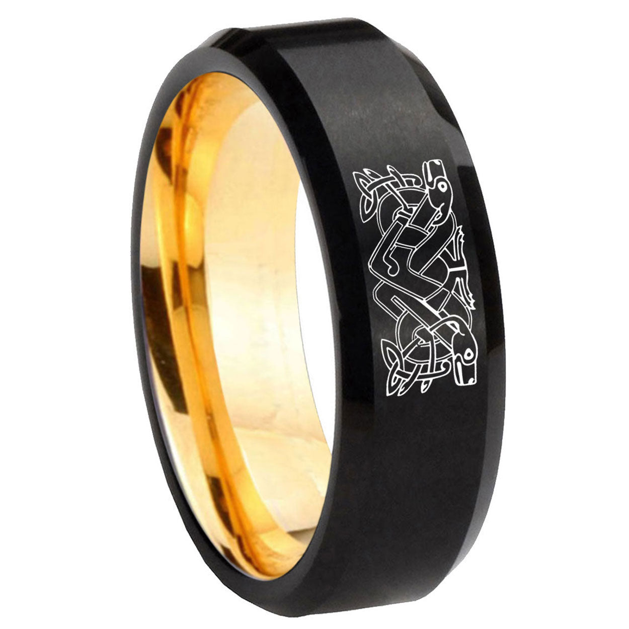 8mm Celtic Dog Beveled Edge Black And Gold Tungsten Mens Ring