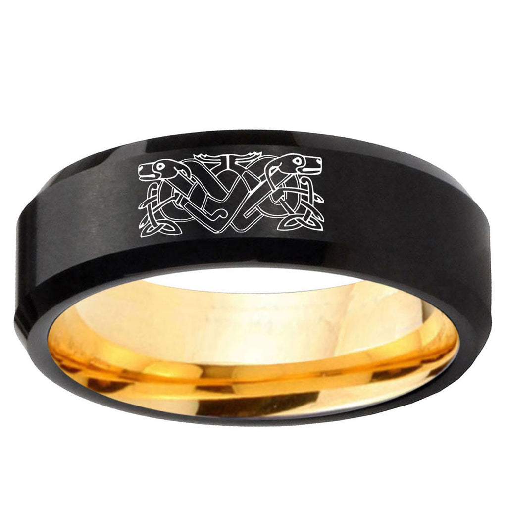 Celtic Dog Beveled Edge Black And Gold Tungsten Mens Ring