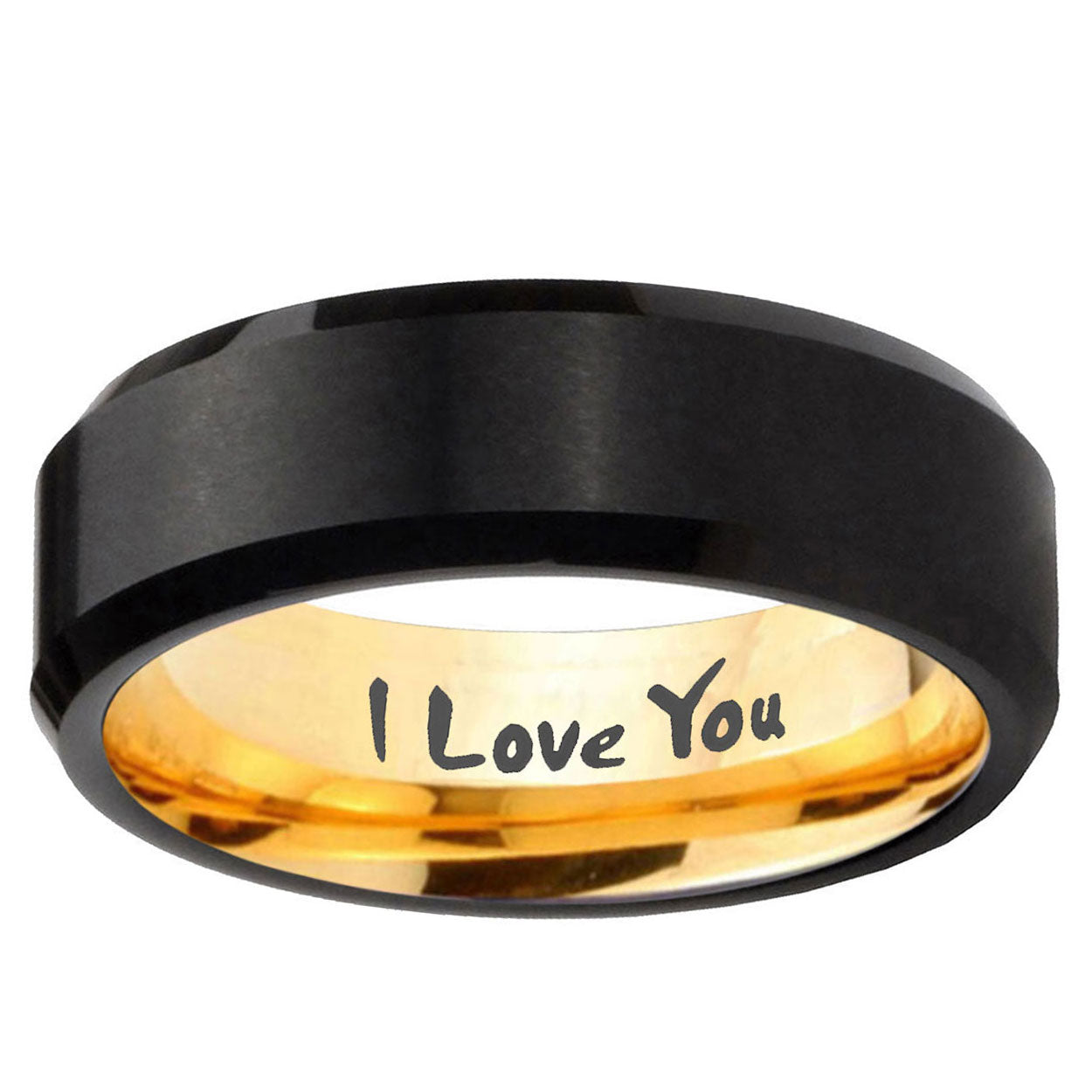 I Love You Beveled Edge Black And Gold Tungsten Mens Ring