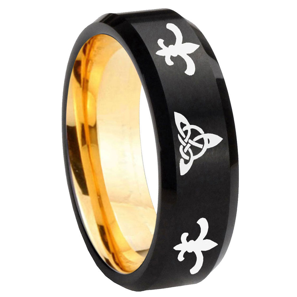 8mm Celtic Triangle Fleur-De-Lis Bevel Black Gold Tungsten Ring
