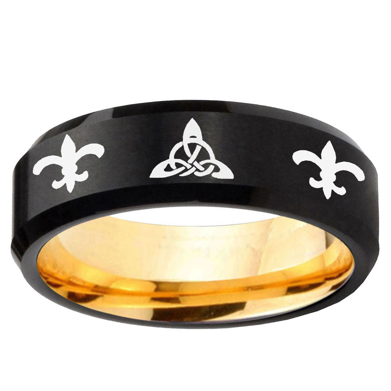 Celtic Triangle Fleur-De-Lis Bevel Black Gold Tungsten Ring