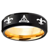 Celtic Triangle Fleur-De-Lis Beveled Edge Black And Gold Tungsten Promise Ring