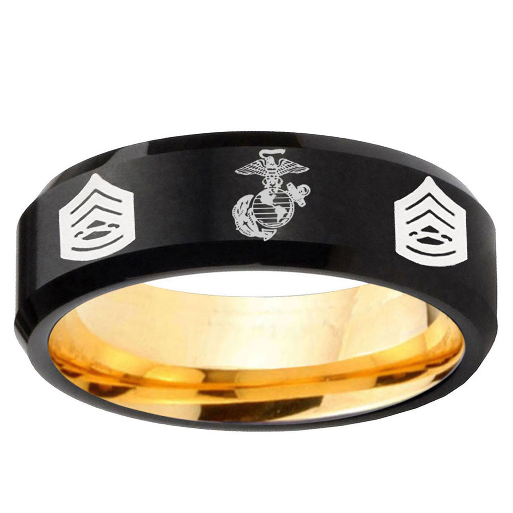 Marine Army Sergeant Beveled Edge Black Gold Tungsten Band