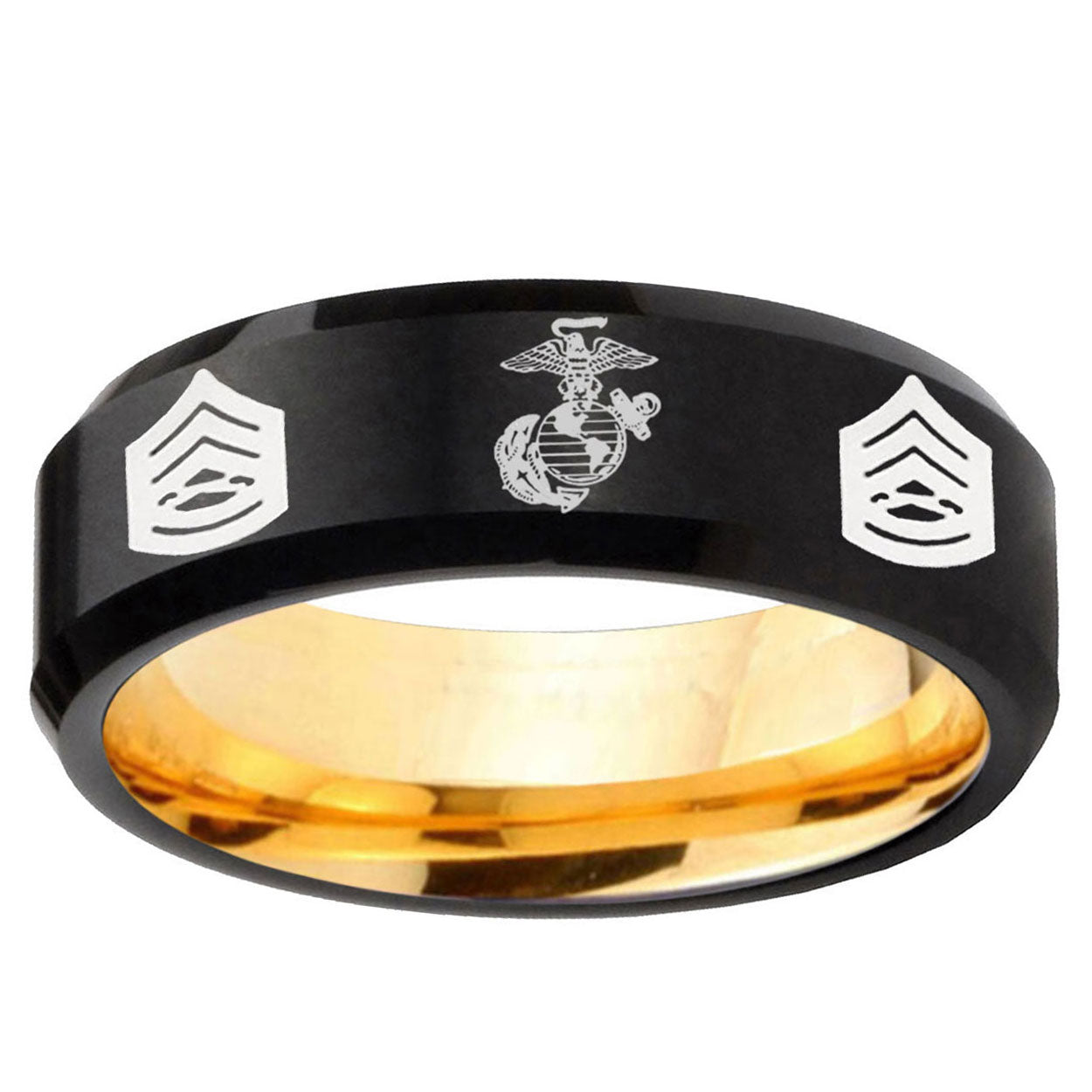 Marine Army Sergeant Beveled Edge Black Gold Tungsten Band