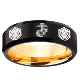 Marine Chief Master Sergeant Beveled Edge Black And Gold Tungsten Men's Bands Ring