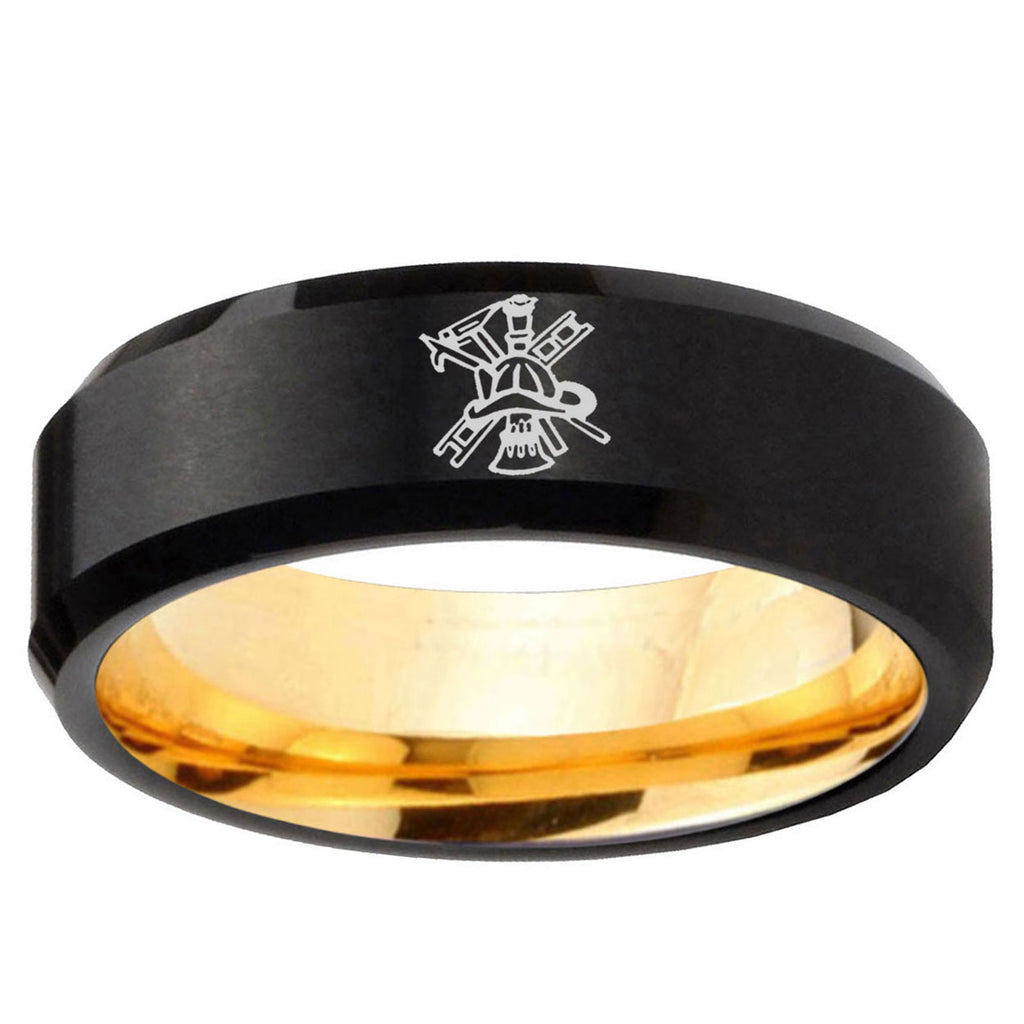 Fireman Beveled Edge Black Gold Tungsten Mens Promise Ring