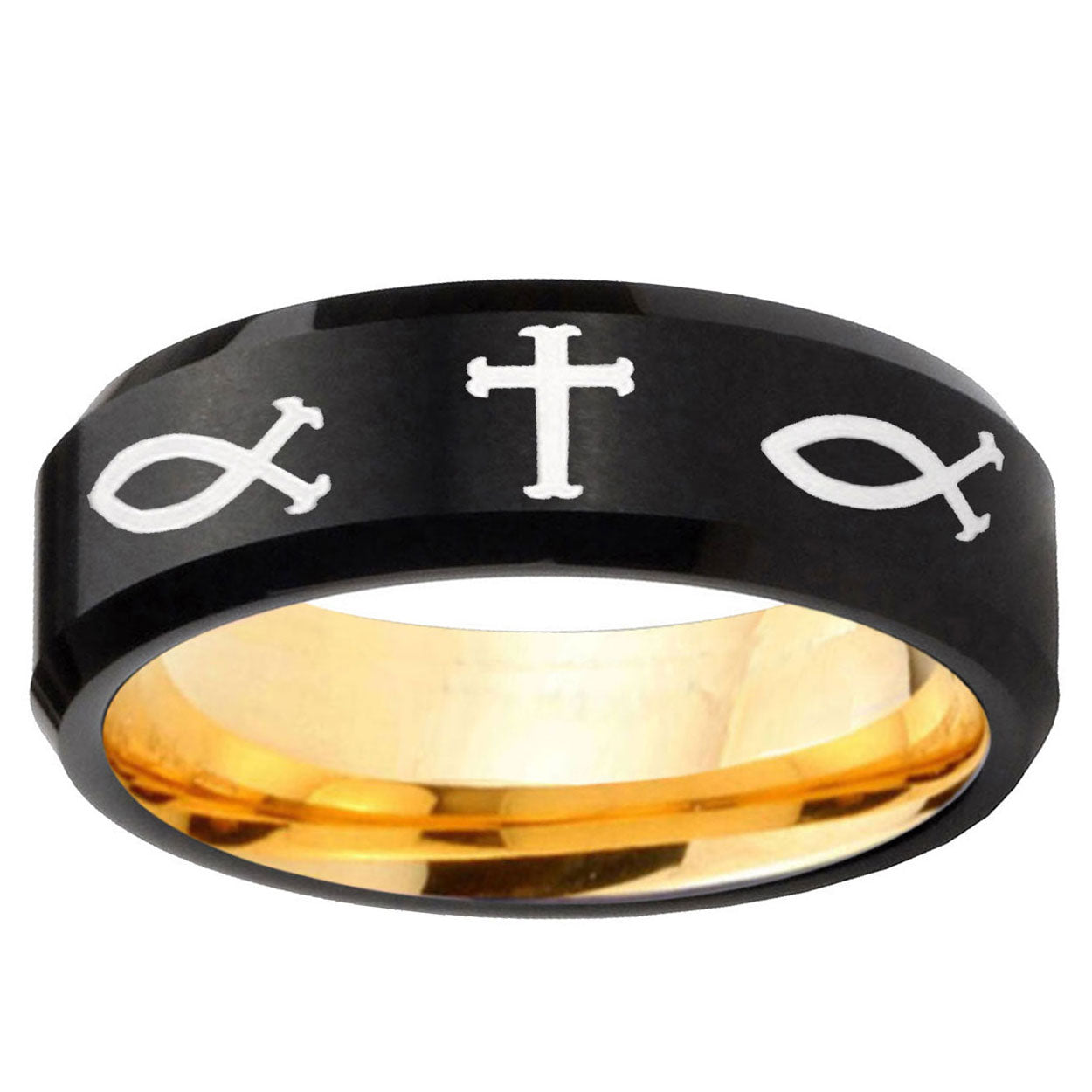 Fish & Cross Beveled Edge Black And Gold Tungsten Ring