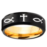 Fish & Cross Beveled Edge Black And Gold Tungsten Carbide Wedding Band Men's