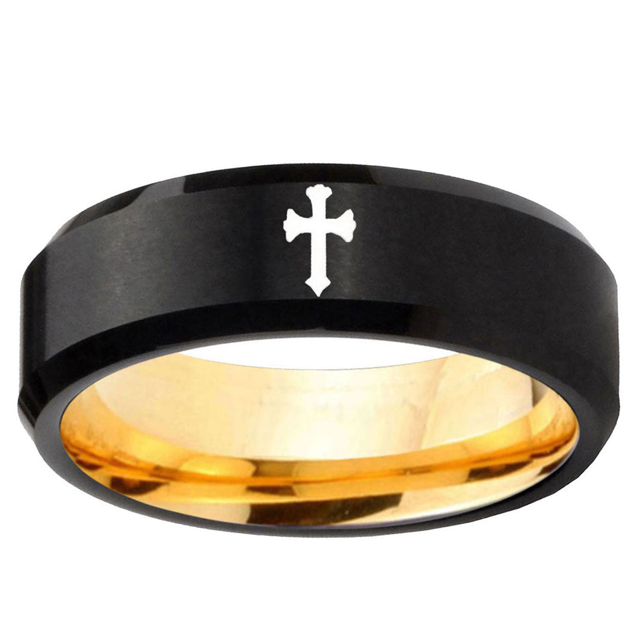 Flat Christian Cross Beveled Edge Black Gold Tungsten Ring