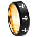 8mm Multiple Christian Cross Beveled Black Gold Tungsten Ring