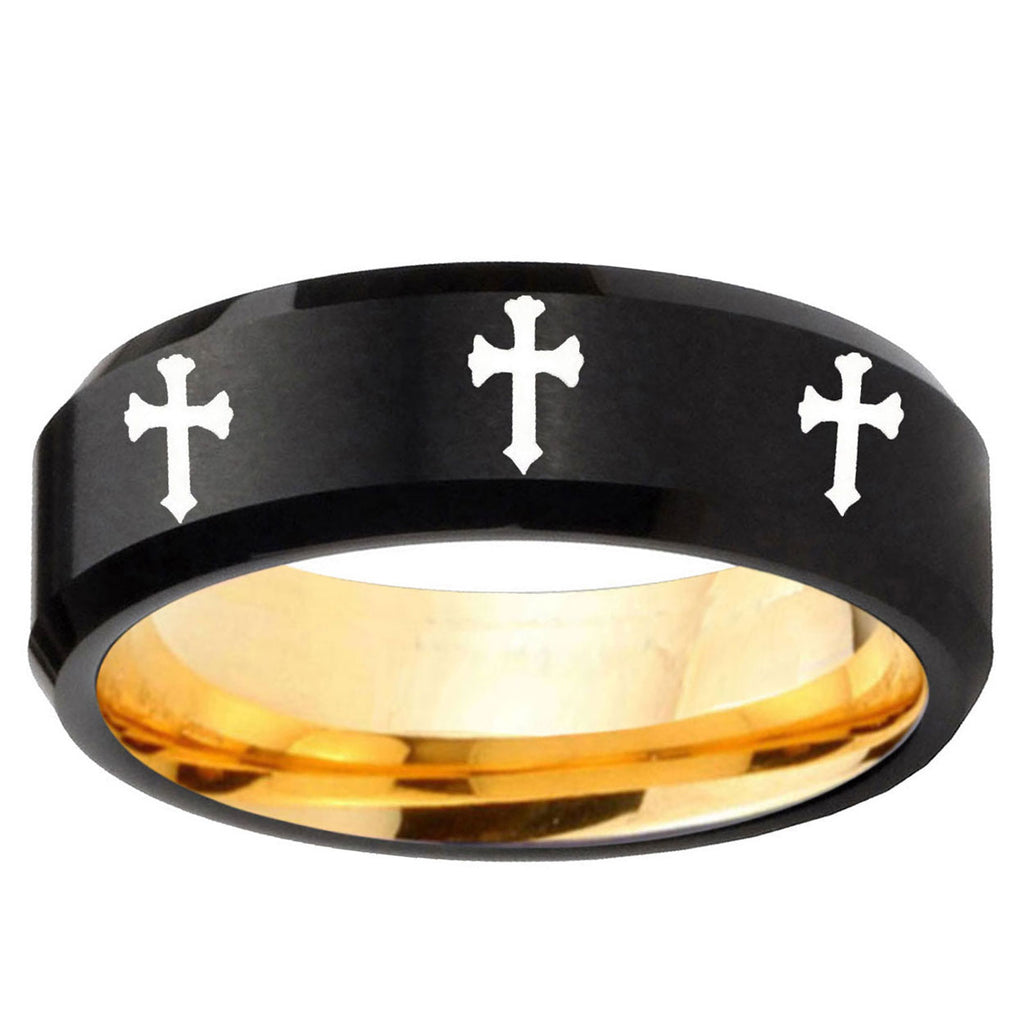 Multiple Christian Cross Beveled Black Gold Tungsten Ring