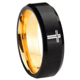 8mm Flat Christian Cross Beveled Edge Black And Gold Tungsten Wedding Engagement Ring