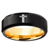 Flat Christian Cross Beveled Edge Black And Gold Tungsten Wedding Engagement Ring