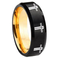 8mm Multiple Christian Cross Beveled Black Gold Tungsten Ring