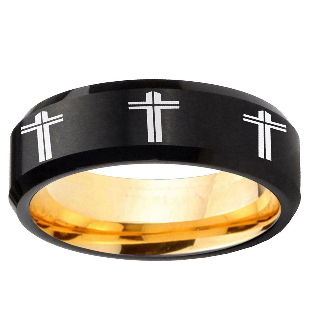 Multiple Christian Cross Beveled Black Gold Tungsten Ring