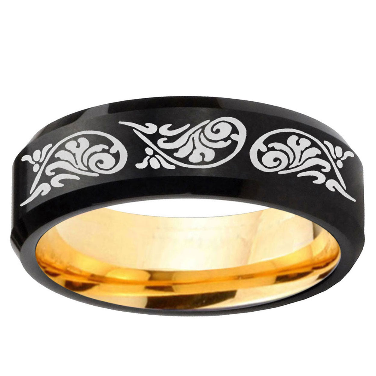 Etched Tribal Pattern Bevel Black Gold Tungsten Ring
