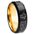 8mm Etched Lord's Prayer Cross Beveled Black Gold Tungsten Ring