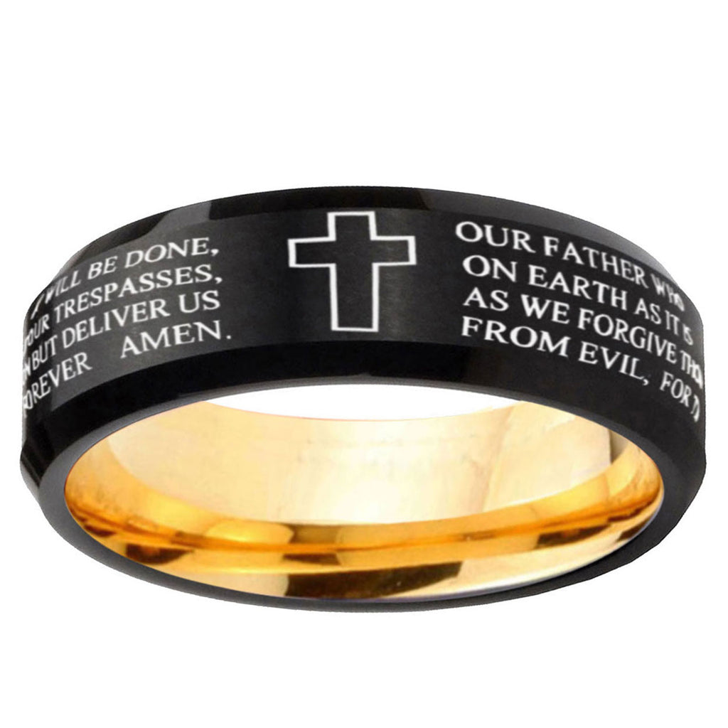 Etched Lord's Prayer Cross Beveled Black Gold Tungsten Ring