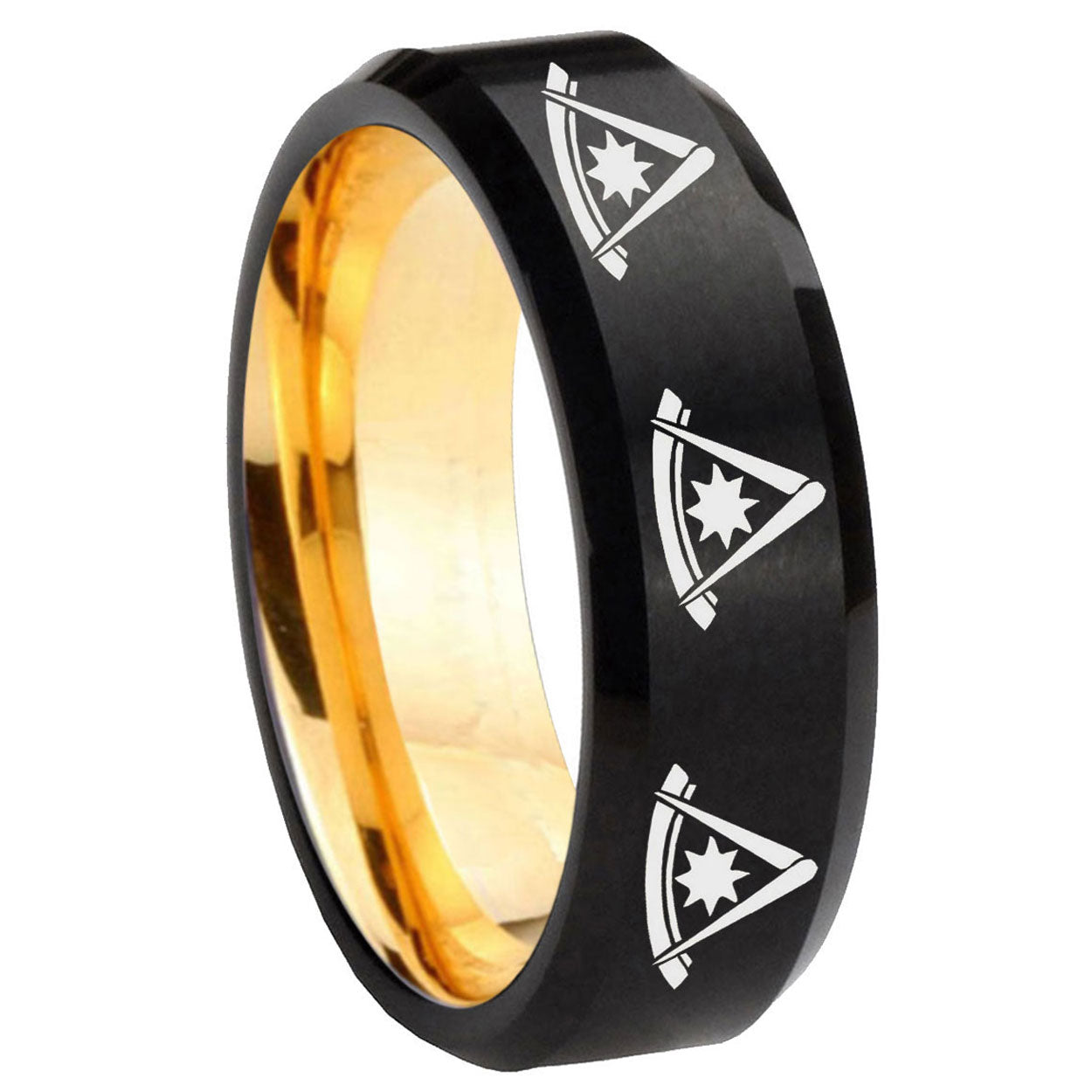 8mm Multiple Pester Master Masonic Bevel Black Gold Tungsten Ring