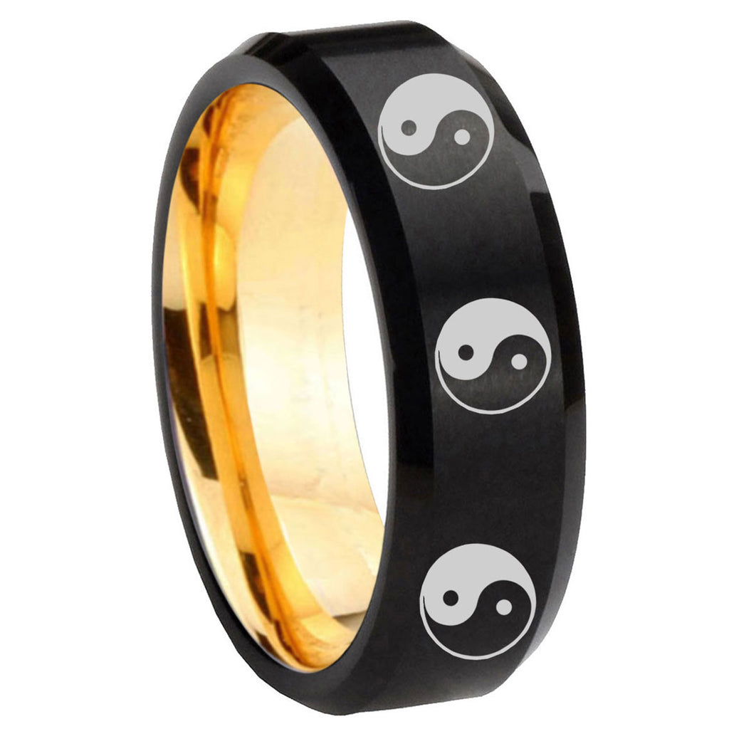 8mm Multiple Yin Yang Beveled Black Gold Tungsten Promise Ring