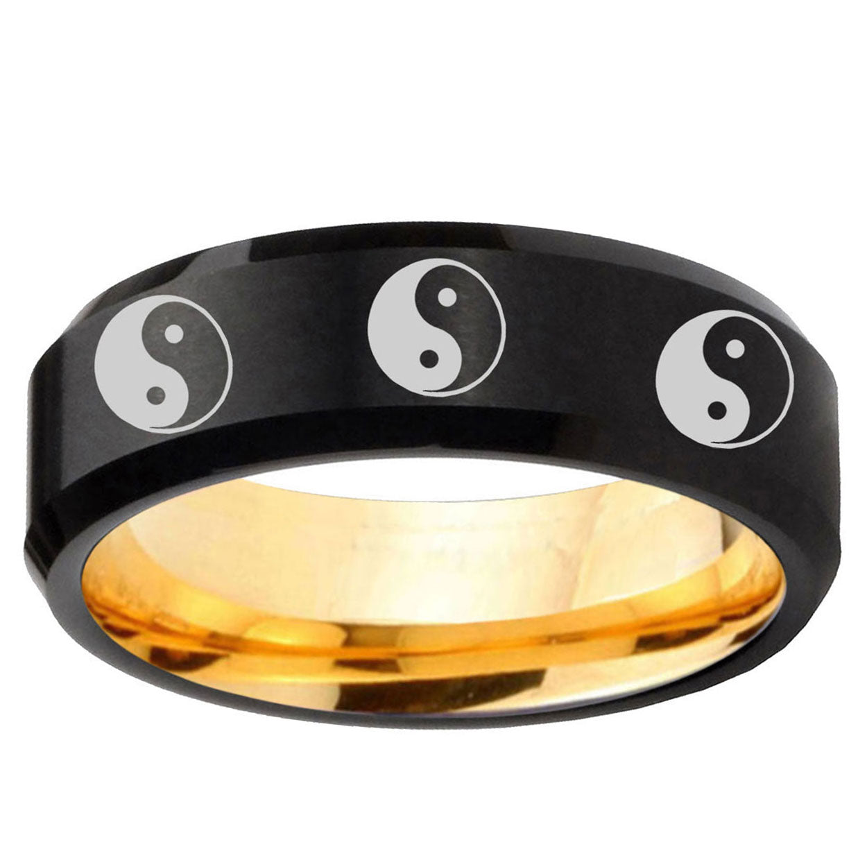 Multiple Yin Yang Beveled Black Gold Tungsten Promise Ring